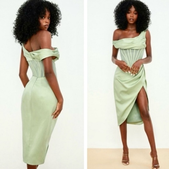 House of CB 'Lulu' Corset Sheer Panel Satin Draped Dress Pistachio XS  US 2-4 - Picture 3 of 16